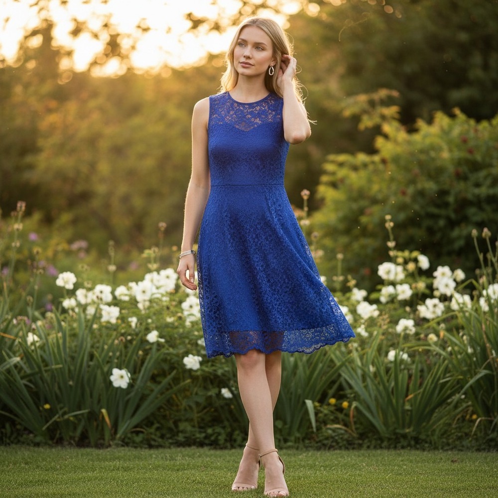 Adrianna Papell Royal Blue Floral Lace Fit Flare Cocktail Dress Women's Size 10